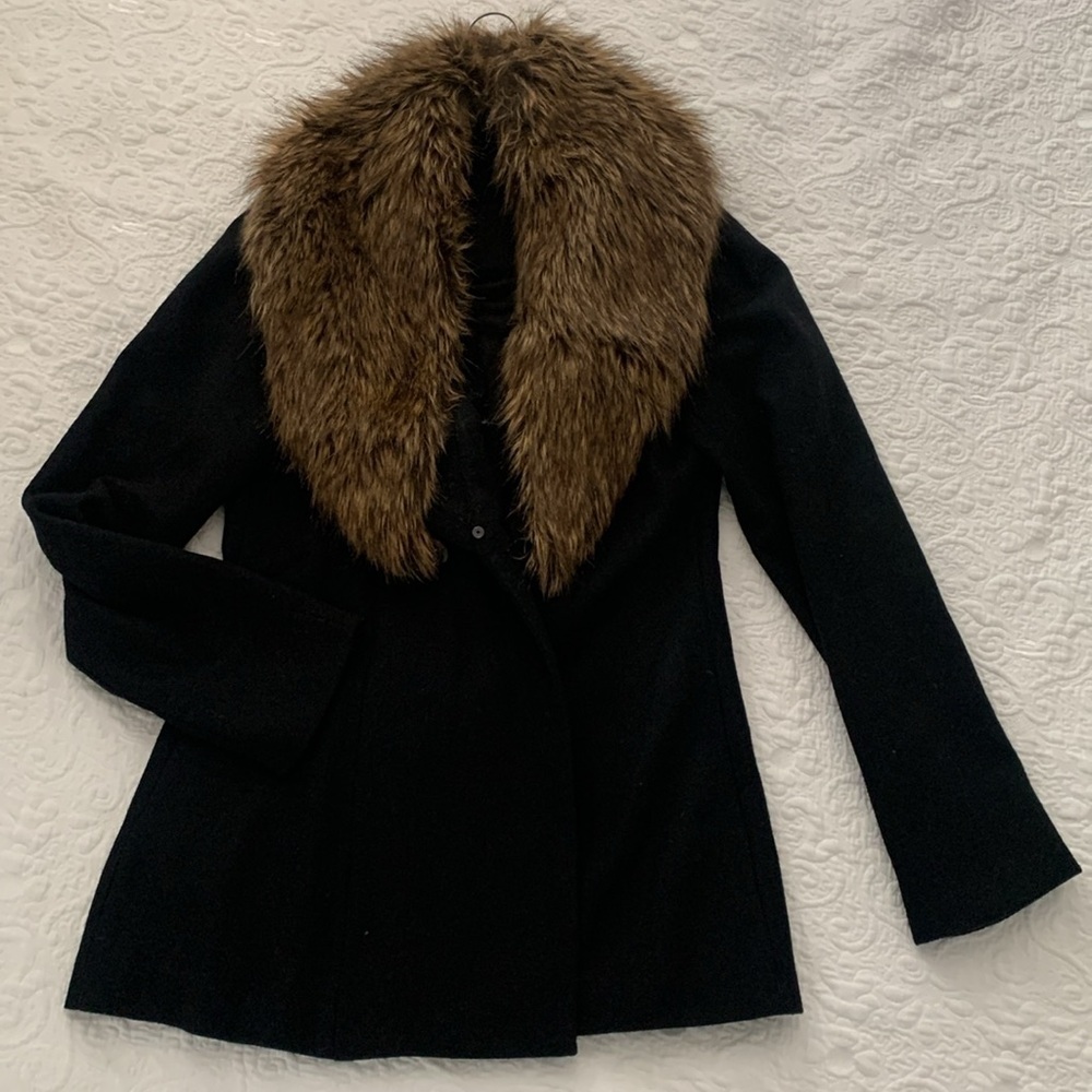 Black faux fur jacket blazer size S removable fur black brown classic elegant